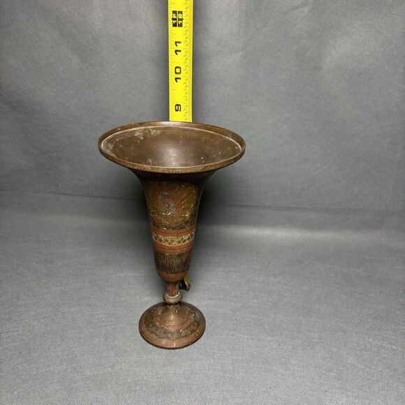Vintage Brass Vase Enamel Etched Peacock Floral Design India Unique Brass Decor - Picture 5 of 10
